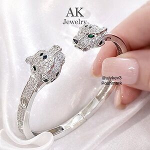 💎LUXURY BRACELET SILVER Panther Double Head Pave Diamond Stones Green Eyes